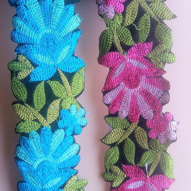Black Velvet Fabric Trim With Pink / Blue And Green Floral Embroidery, 76mm wide - 200317L268 / 69
